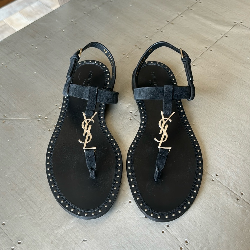 YSL Saint Laurent ysl black suede logo thong sandal flats silver sz 39 with box